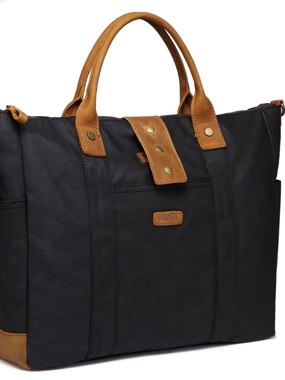 VASCHY Waxed Canvas Leather High Capacity Laptop Crossbody Bag Black Brown Tote